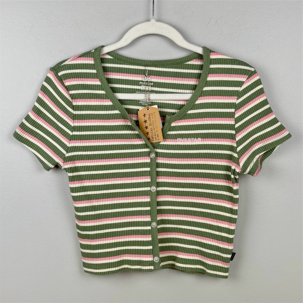 Five Star General Cropped Button Down T-Shirt Juniors Green Pink White Striped